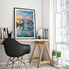 Valencia Travel Poster - Ciudad de las Artes y las Ciencias Wall Art displayed in a stylish room setting.