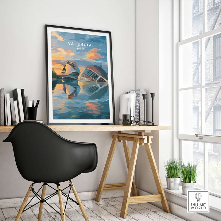 Valencia travel poster depicting Ciudad de las Artes y las Ciencias in a stylish home office setting.