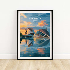 Valencia Travel Poster - Ciudad de las Artes y las Ciencias Wall Art showcasing vibrant architecture and sunset reflection.