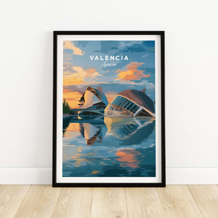 Valencia travel poster showcasing the Ciudad de las Artes y las Ciencias with vibrant colors and reflection in water.