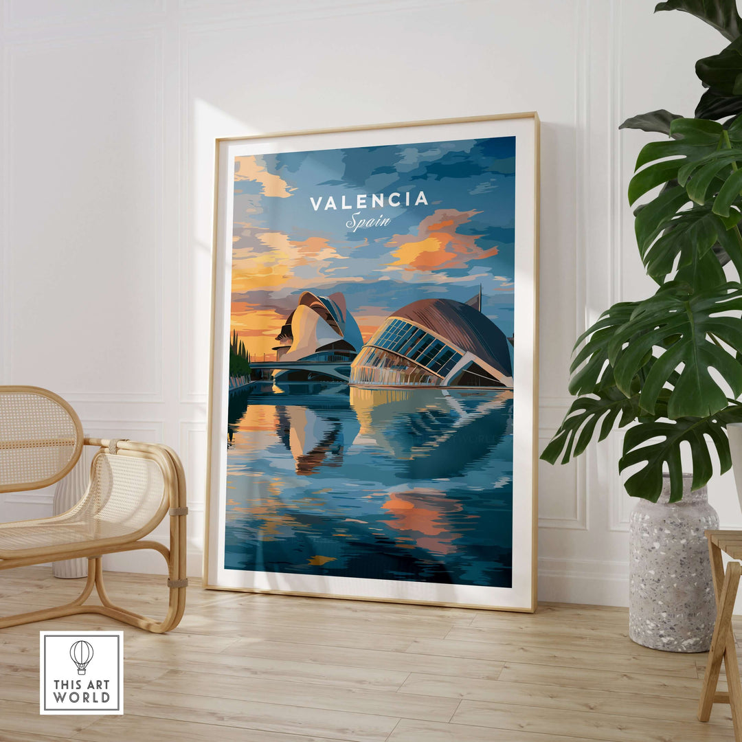 Valencia travel poster featuring Ciudad de las Artes y las Ciencias, stunning architectural wall art with vibrant sunset colors.