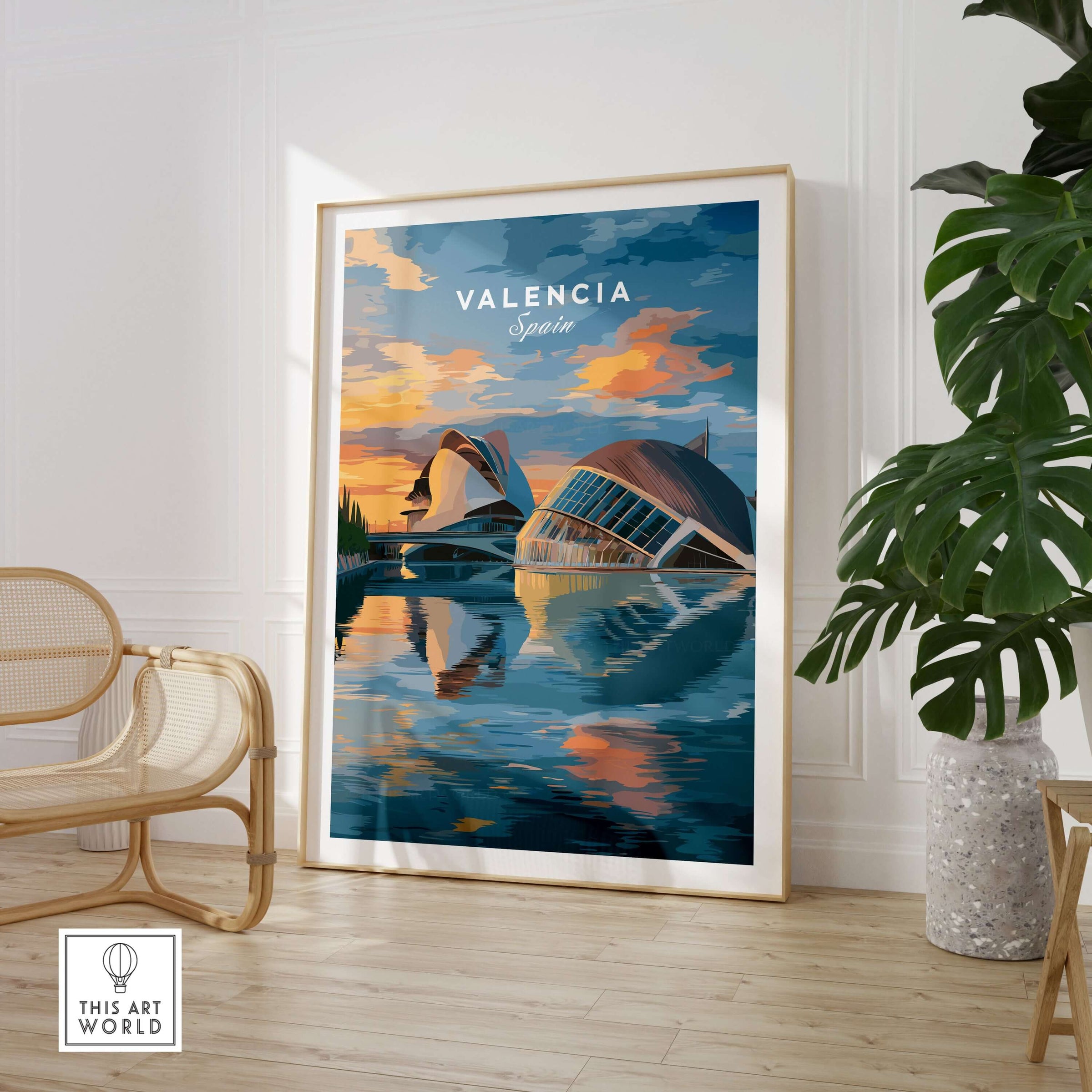 Valencia Travel Poster - Ciudad de las Artes y las Ciencias Wall Art featuring vibrant architecture and sunset reflections.