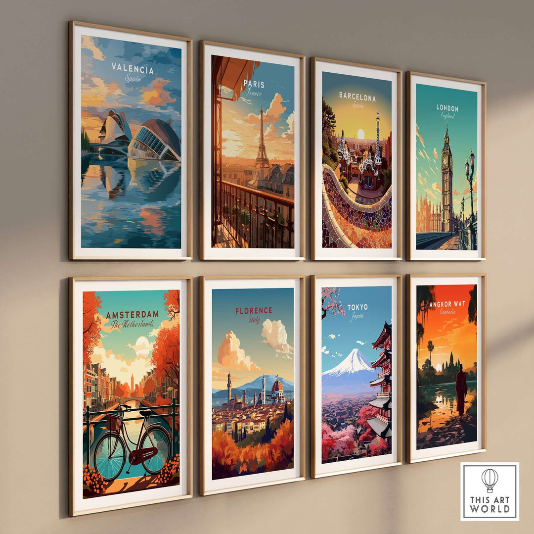 Vibrant travel posters featuring cities like Valencia, Paris, Barcelona, and more, showcased in framed wall art.