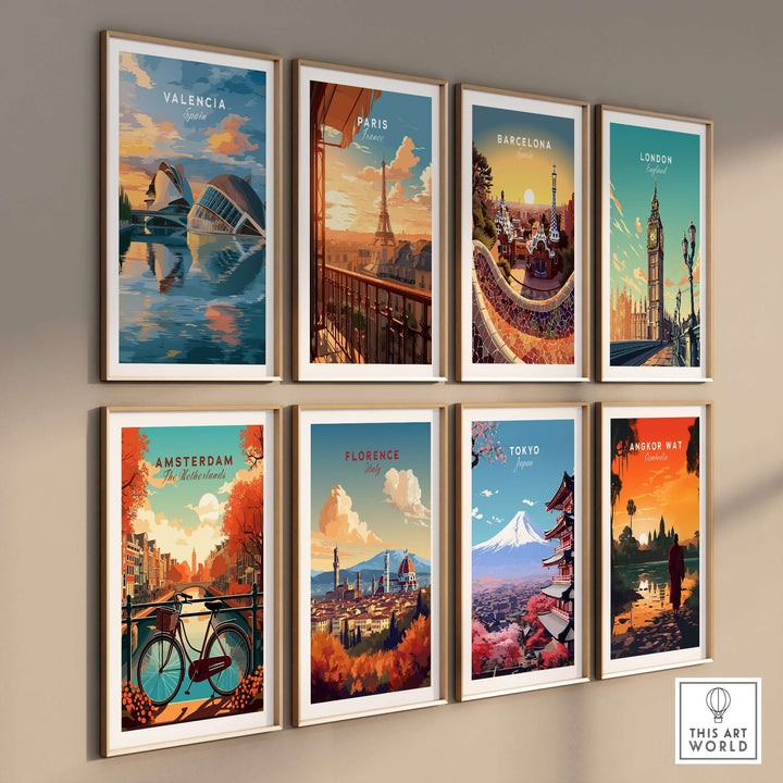Vibrant travel posters featuring cities like Valencia, Paris, Barcelona, and more, showcased in framed wall art.