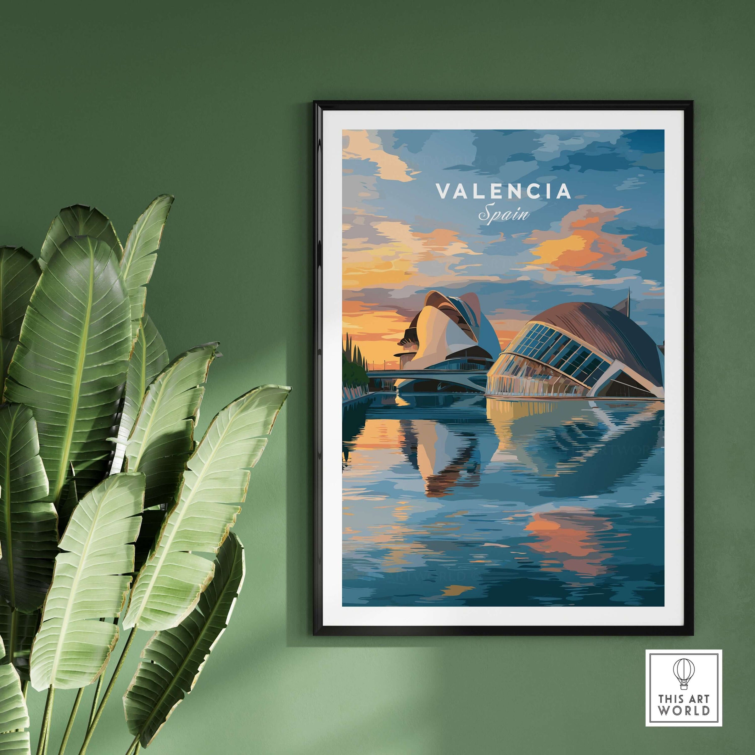 Valencia Travel Poster - Ciudad de las Artes y las Ciencias Wall Art featuring a vibrant sunset reflection.
