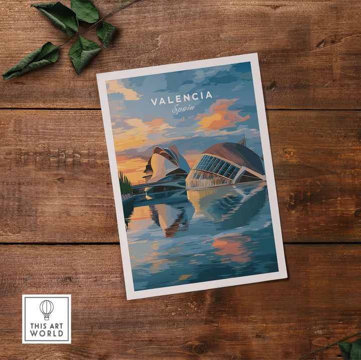 Valencia travel poster depicting Ciudad de las Artes y las Ciencias with colorful sunset reflections on water.