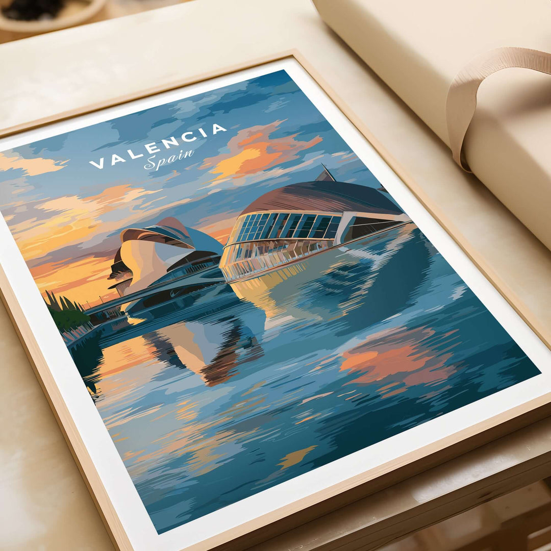 Valencia travel poster featuring Ciudad de las Artes y las Ciencias with vibrant colors and sunset reflections.
