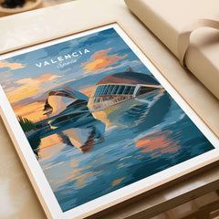 Valencia Travel Poster - Ciudad de las Artes y las Ciencias Wall Art showcasing vibrant architecture and sunset reflections.