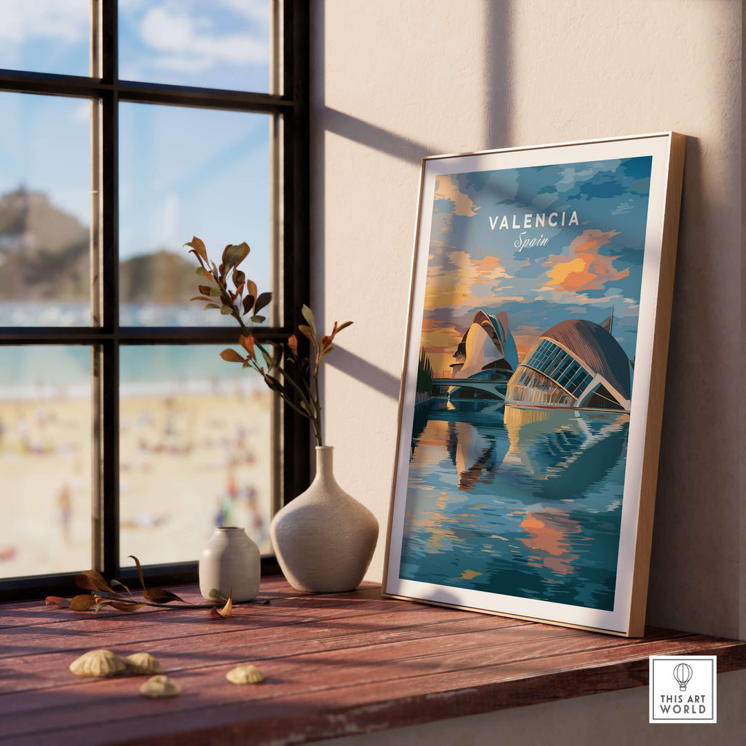 Valencia travel poster on a windowsill, showcasing Ciudad de las Artes y las Ciencias with a beach view.