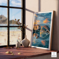 Valencia Travel Poster - Ciudad de las Artes y las Ciencias Wall Art displayed on a cozy windowsill with beach view.