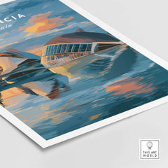 Valencia Travel Poster - Ciudad de las Artes y las Ciencias Wall Art showcasing stunning architecture at sunset.