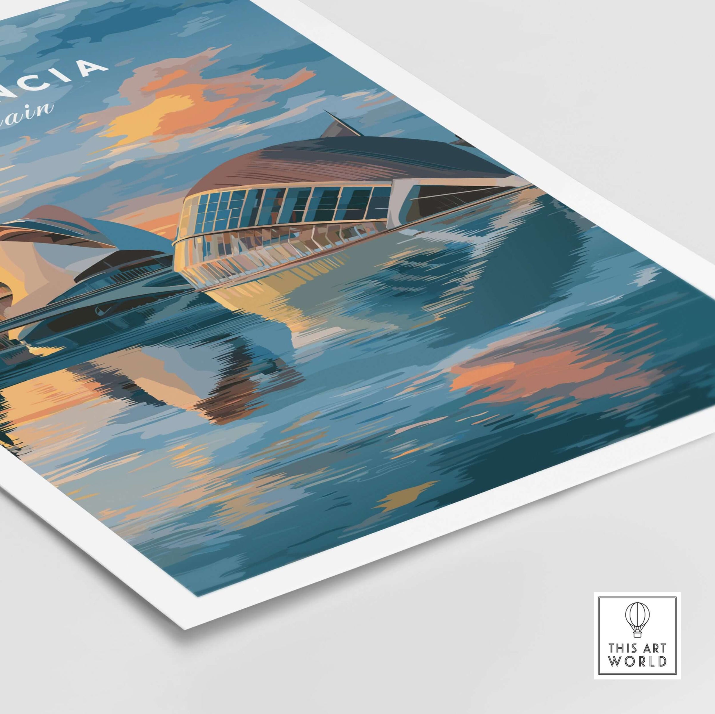 Valencia Travel Poster - Ciudad de las Artes y las Ciencias Wall Art showcasing stunning architecture at sunset.