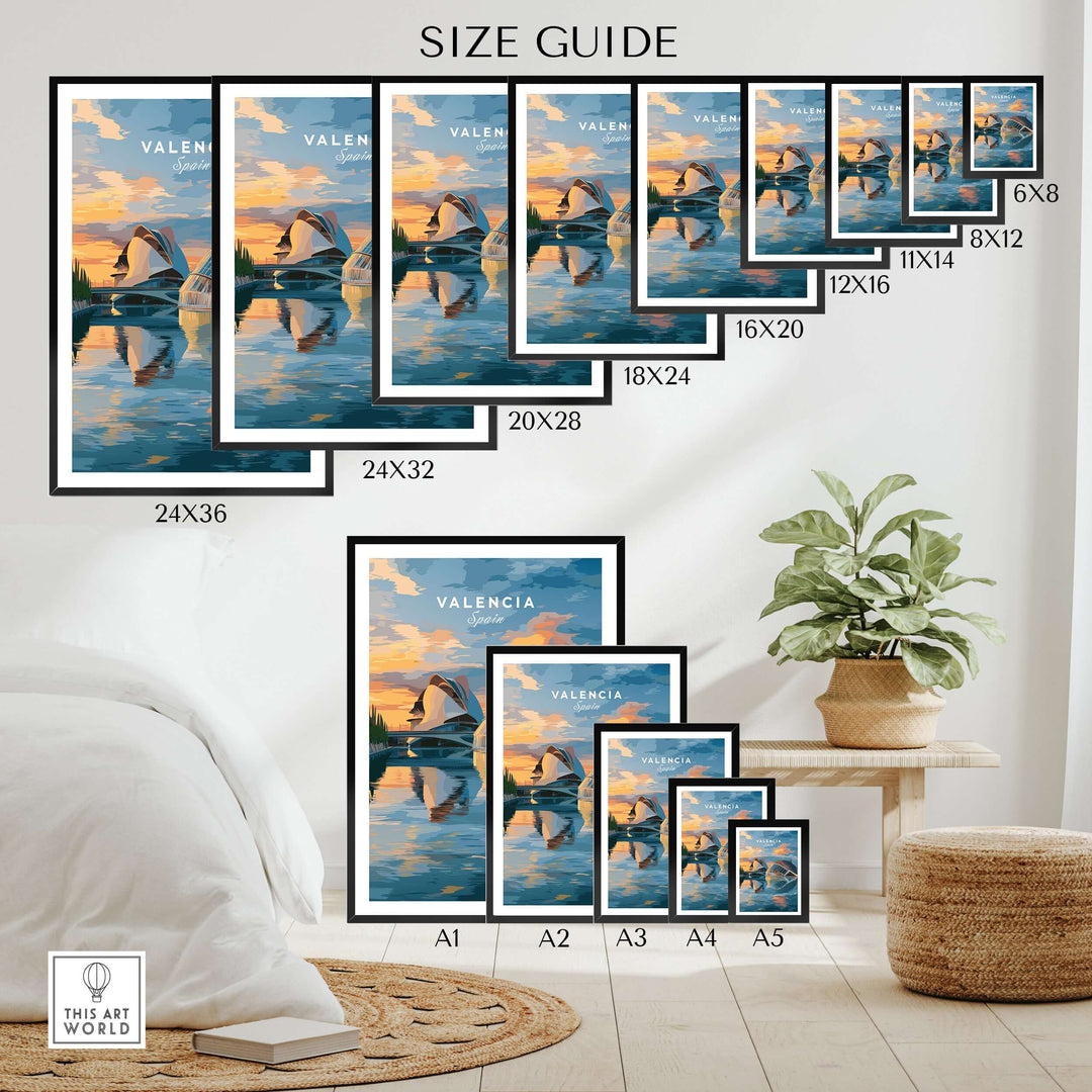 Size guide for Valencia Travel Poster featuring various frame sizes and display options in a stylish interior setting.