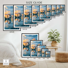 Valencia Travel Poster - Ciudad de las Artes y las Ciencias Wall Art size guide showing various frame dimensions.