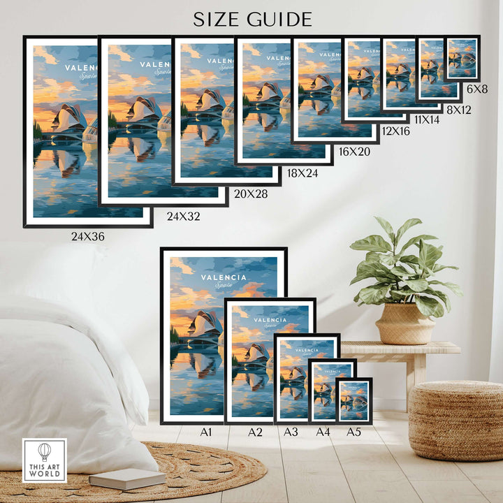 Size guide for Valencia Travel Poster featuring various frame sizes and display options in a stylish interior setting.