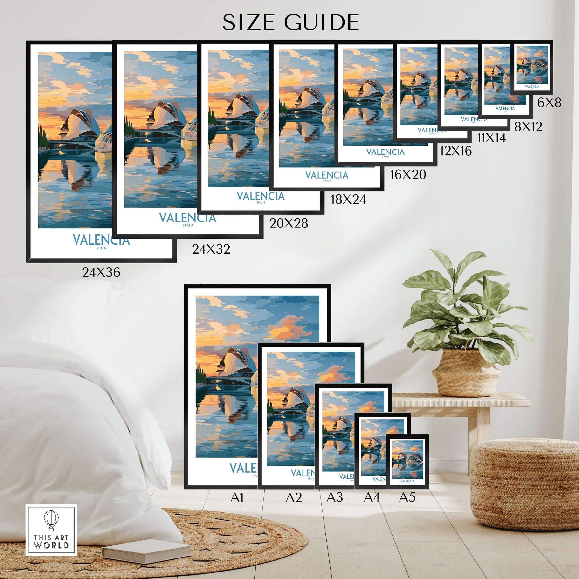 Valencia Travel Poster - Ciudad de las Artes y las Ciencias size guide with various frame options and decor ideas.