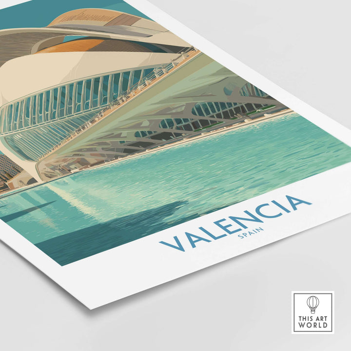 Valencia travel poster showcasing modern architecture and scenic water in Spain, perfect for home decor and travel inspiration.