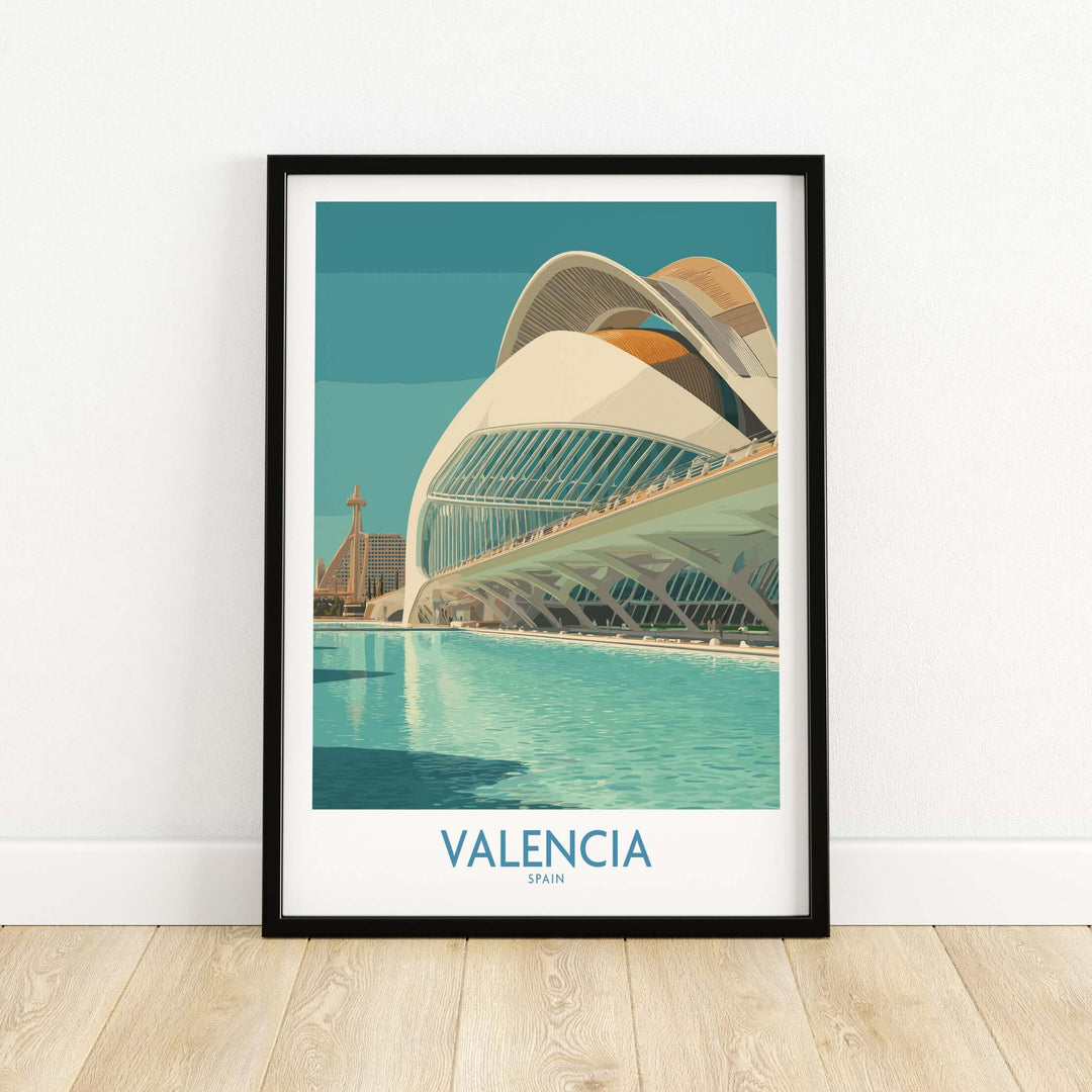 Valencia travel poster showcasing modern architecture and vibrant colors, capturing the essence of Spain's beautiful city.