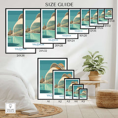 Valencia Travel Poster Spain size guide showcasing various print dimensions and options for the poster.