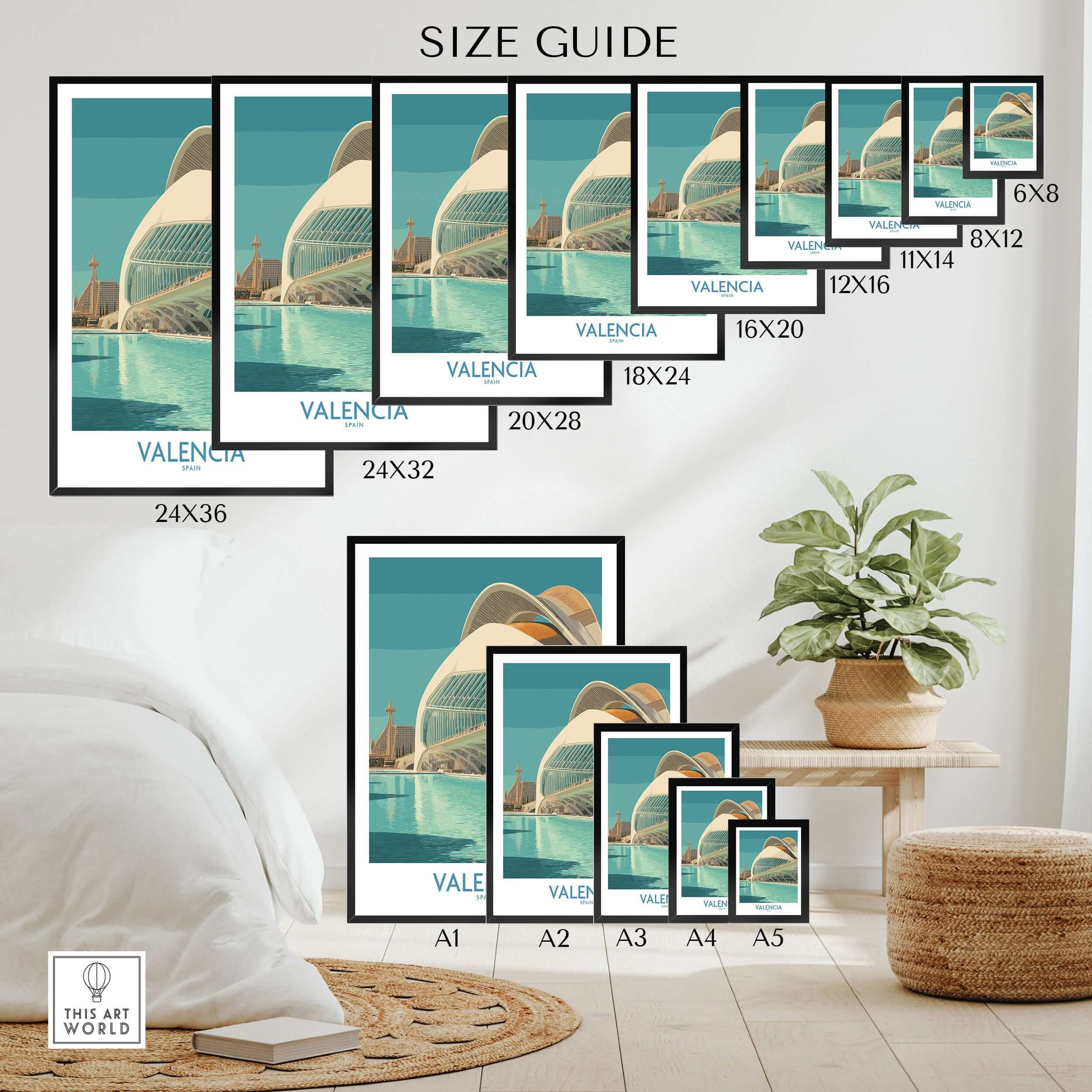 Valencia Travel Poster Spain size guide showcasing various print dimensions and options for the poster.