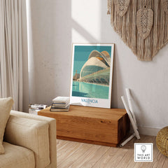 Valencia Travel Poster Spain showcasing stunning architecture in a vibrant living room setting.