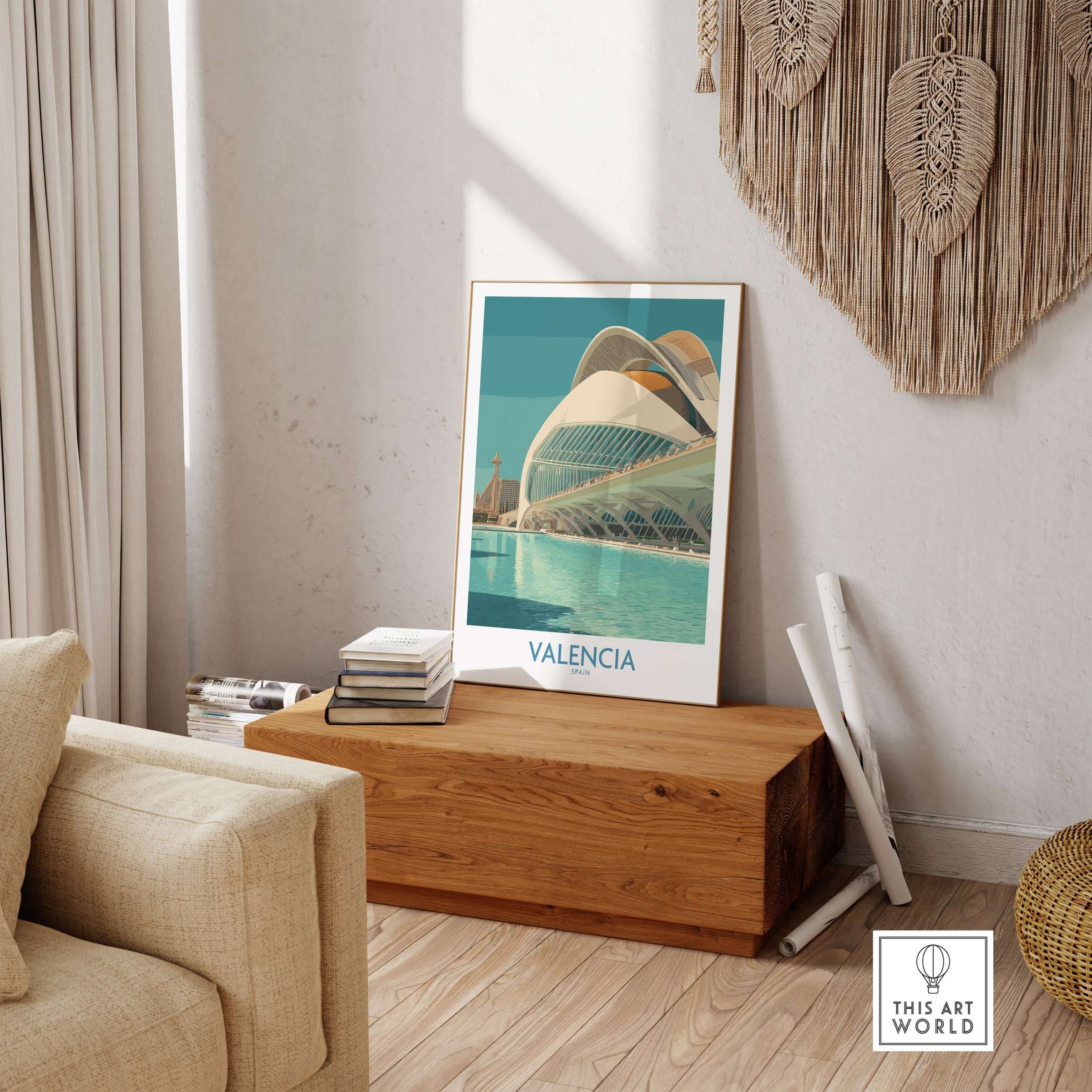 Valencia Travel Poster Spain showcasing stunning architecture in a vibrant living room setting.