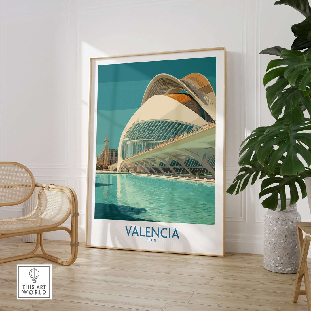 Valencia travel poster featuring stunning architecture and water reflection, perfect for inspiring adventure in Spain.
