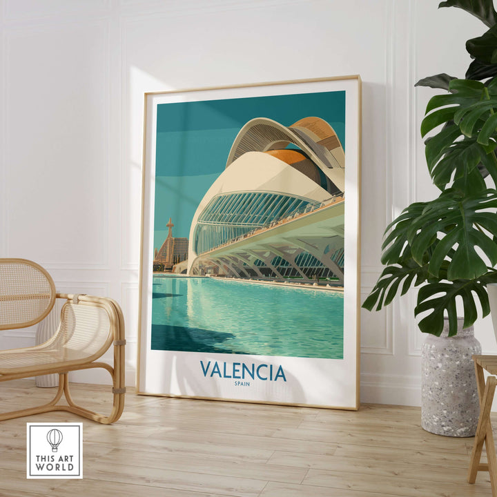 Valencia travel poster featuring stunning architecture and water reflection, perfect for inspiring adventure in Spain.