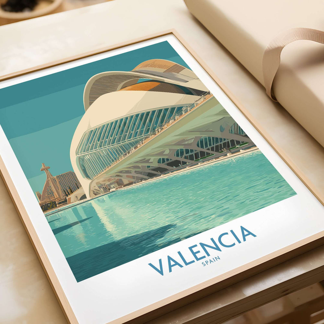 Valencia travel poster showcasing modern architecture and turquoise waters, perfect for inspiring your next adventure in Spain.