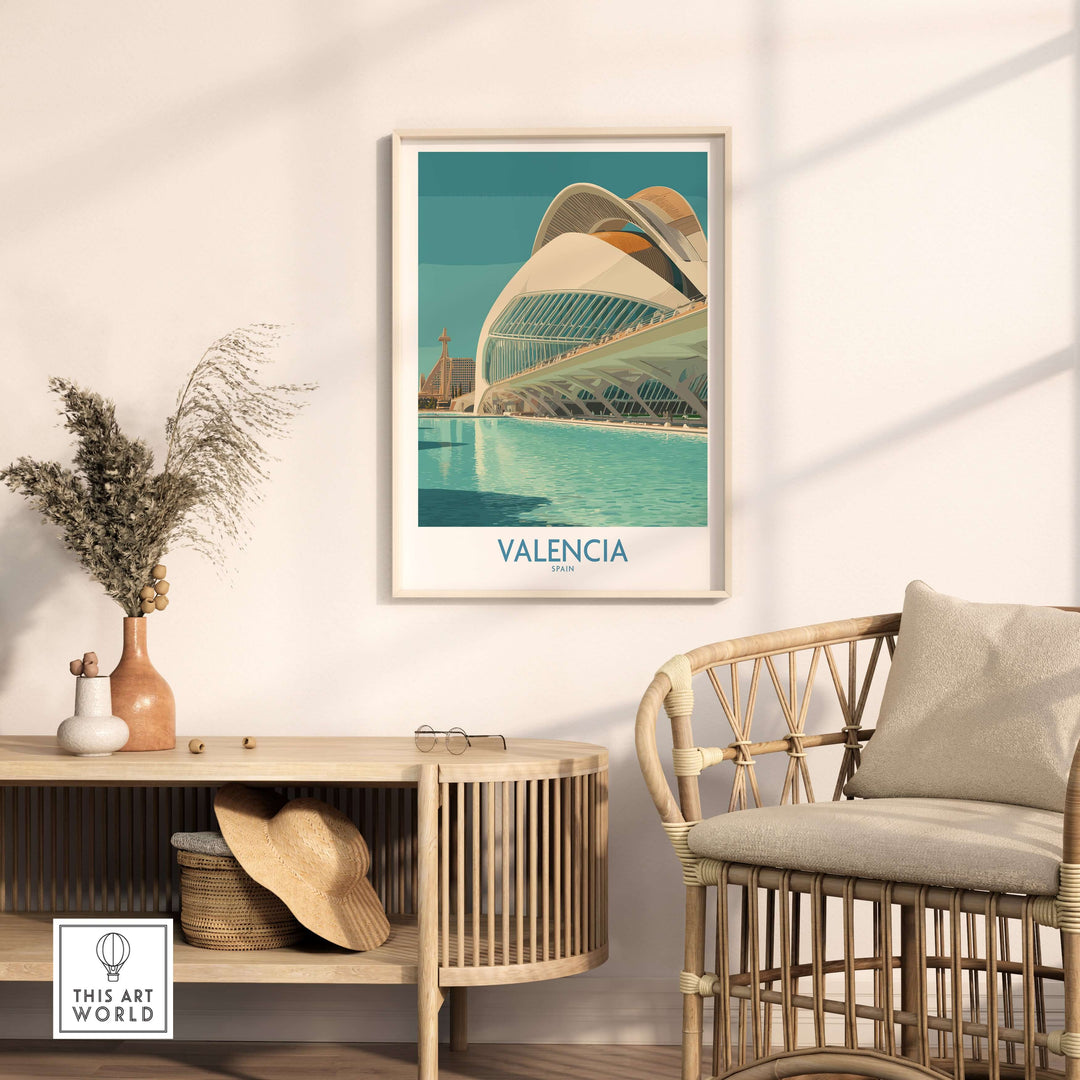 Valencia travel poster featuring stunning modern architecture, framed and displayed in a stylish living space.