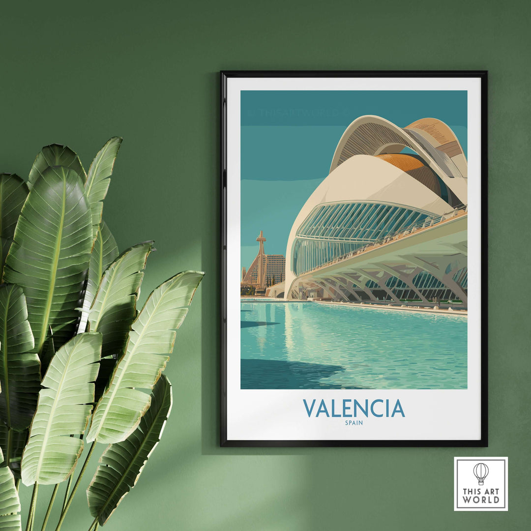 Valencia travel poster showcasing the stunning architecture of Valencia, Spain, set against a green backdrop.