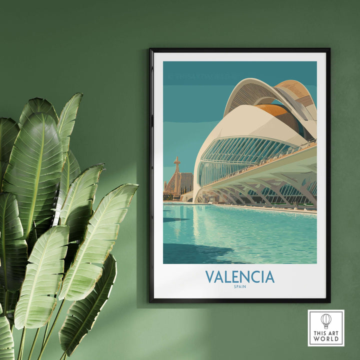 Valencia travel poster showcasing the stunning architecture of Valencia, Spain, set against a green backdrop.