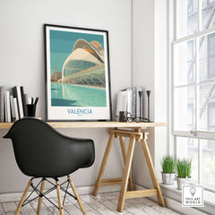 Valencia Travel Poster Spain displayed in a stylish workspace, showcasing Valencia's iconic architecture and vibrant design.
