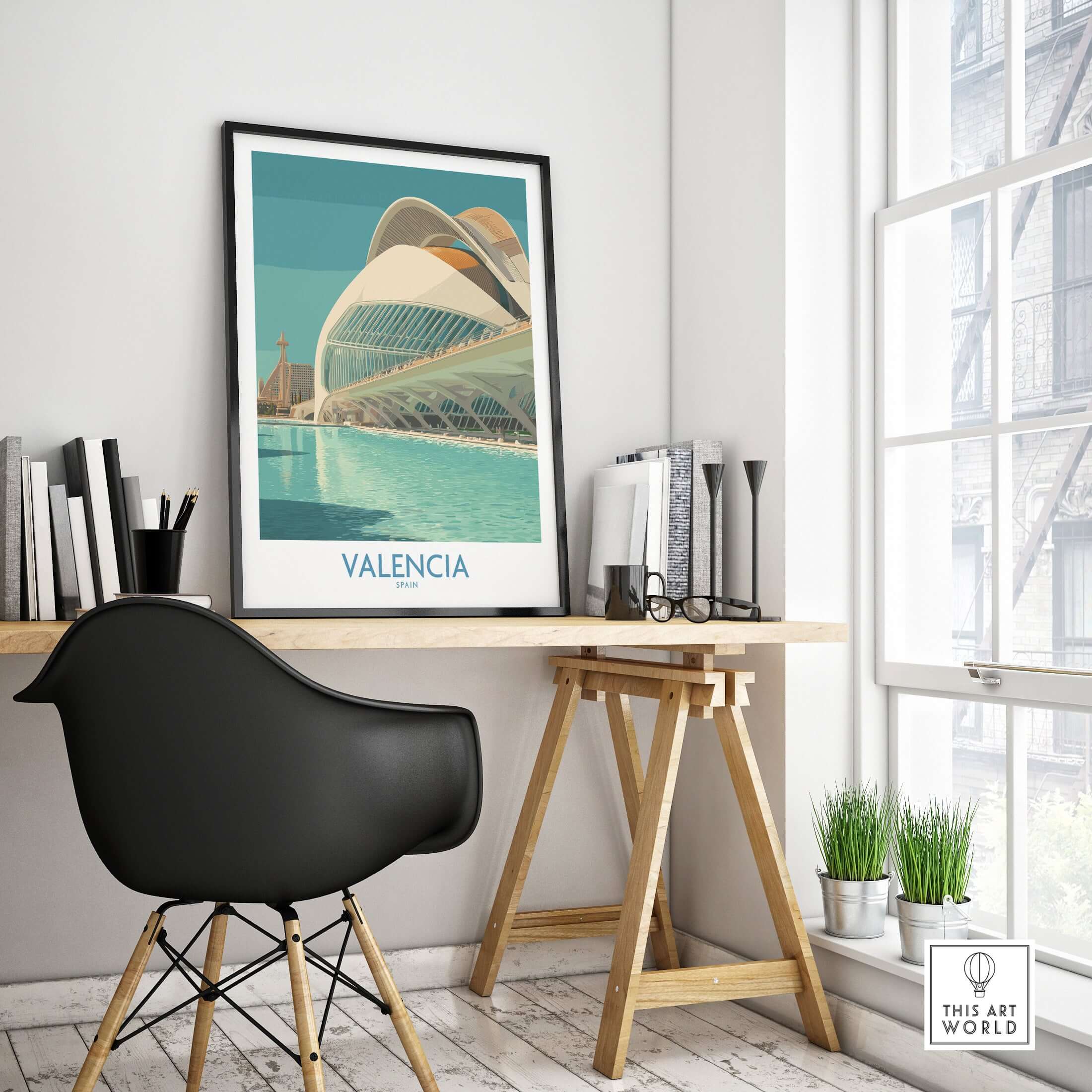 Valencia Travel Poster Spain displayed in a stylish workspace, showcasing Valencia's iconic architecture and vibrant design.