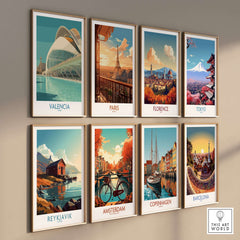 Valencia Travel Poster Spain displayed among iconic cityscapes of Paris, Florence, Tokyo, Reykjavik, Amsterdam, Copenhagen, and Barcelona.