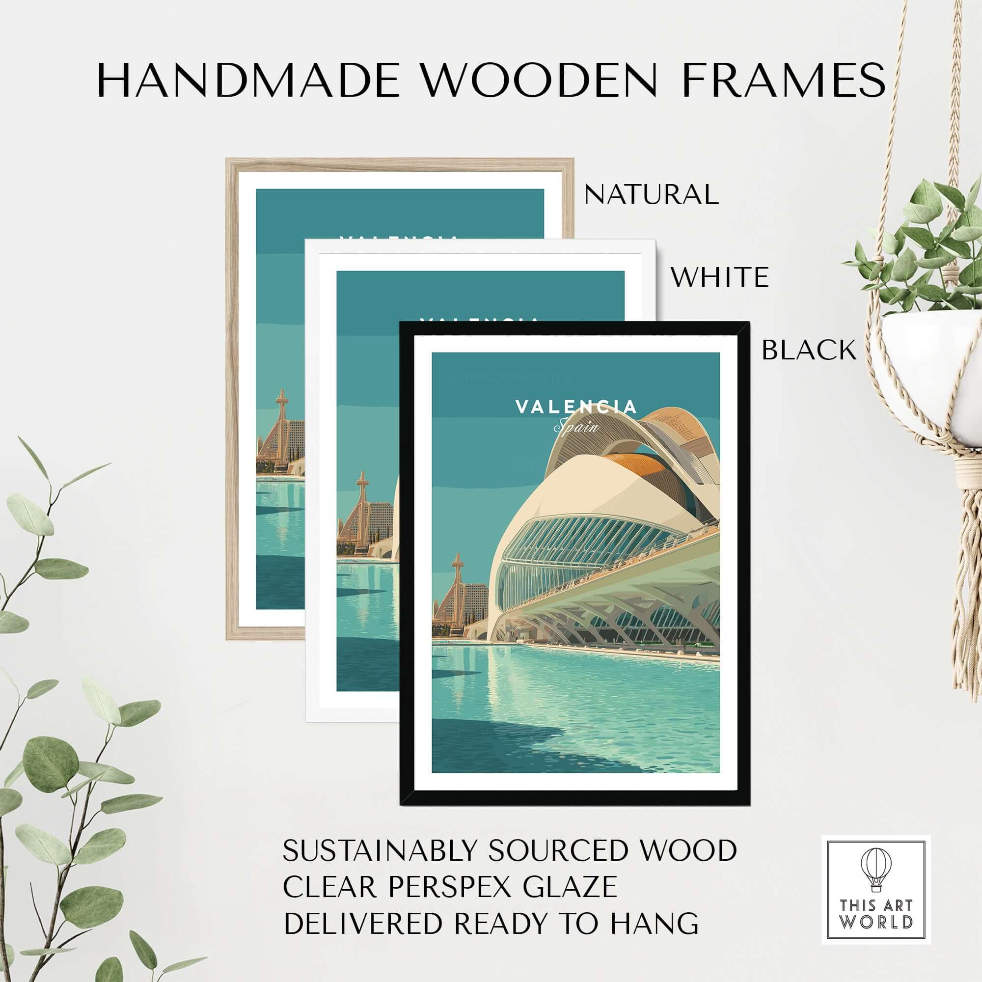 Valencia Travel Print Spain featured in handmade wooden frames in natural, white, and black finishes.
