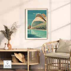 Valencia Travel Print Spain featuring iconic architecture and vibrant colors in a stylish home setting.