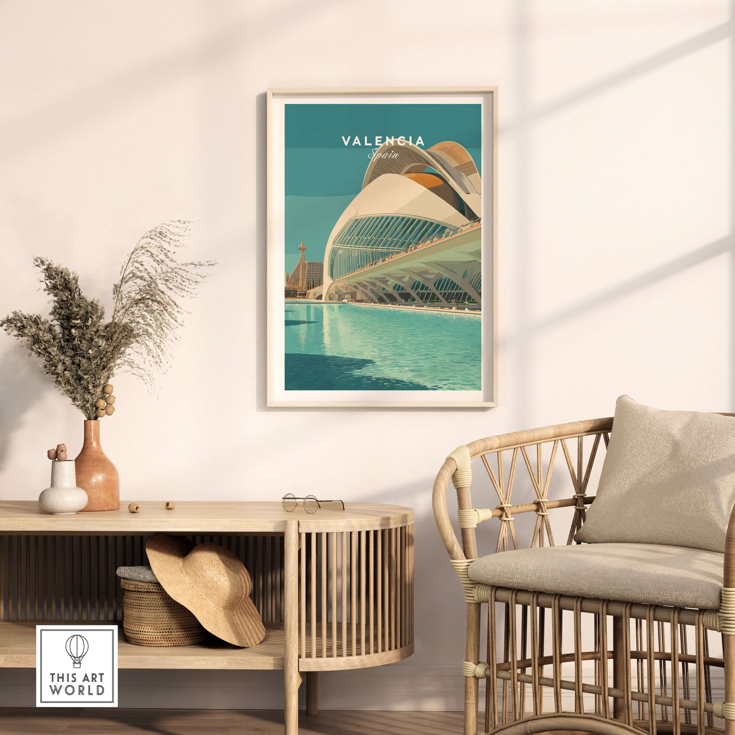 Valencia Travel Print Spain featuring iconic architecture and vibrant colors in a stylish home setting.