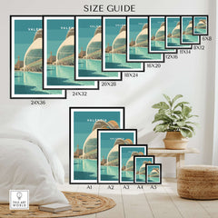 Valencia Travel Print Spain size guide for various frame dimensions showcasing vibrant Valencia artwork.