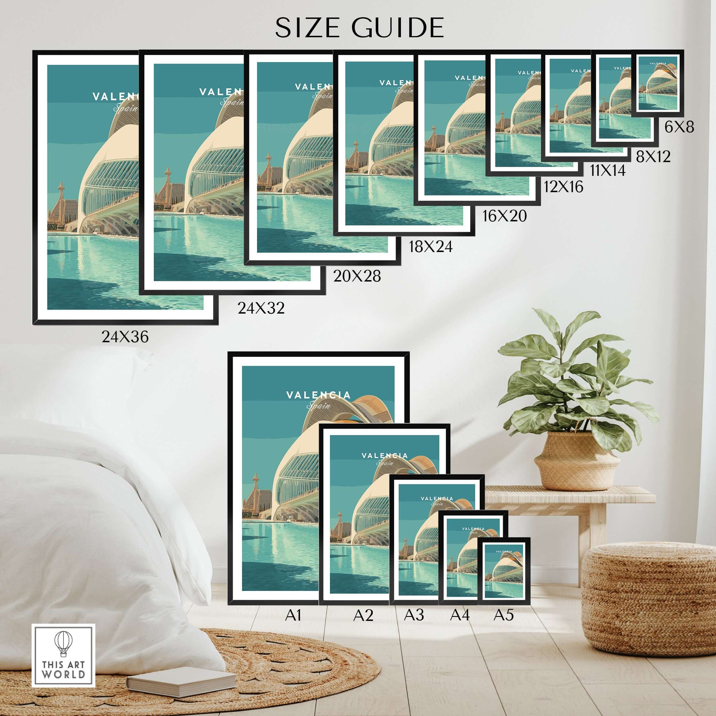 Valencia Travel Print Spain size guide for various frame dimensions showcasing vibrant Valencia artwork.