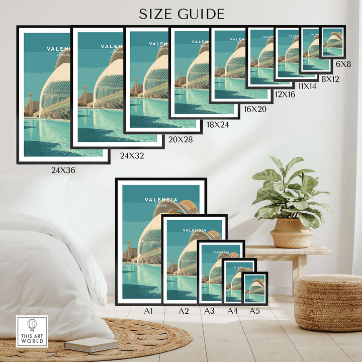 Size guide for Valencia Travel Print showing different frame sizes and designs, enhancing home decor.