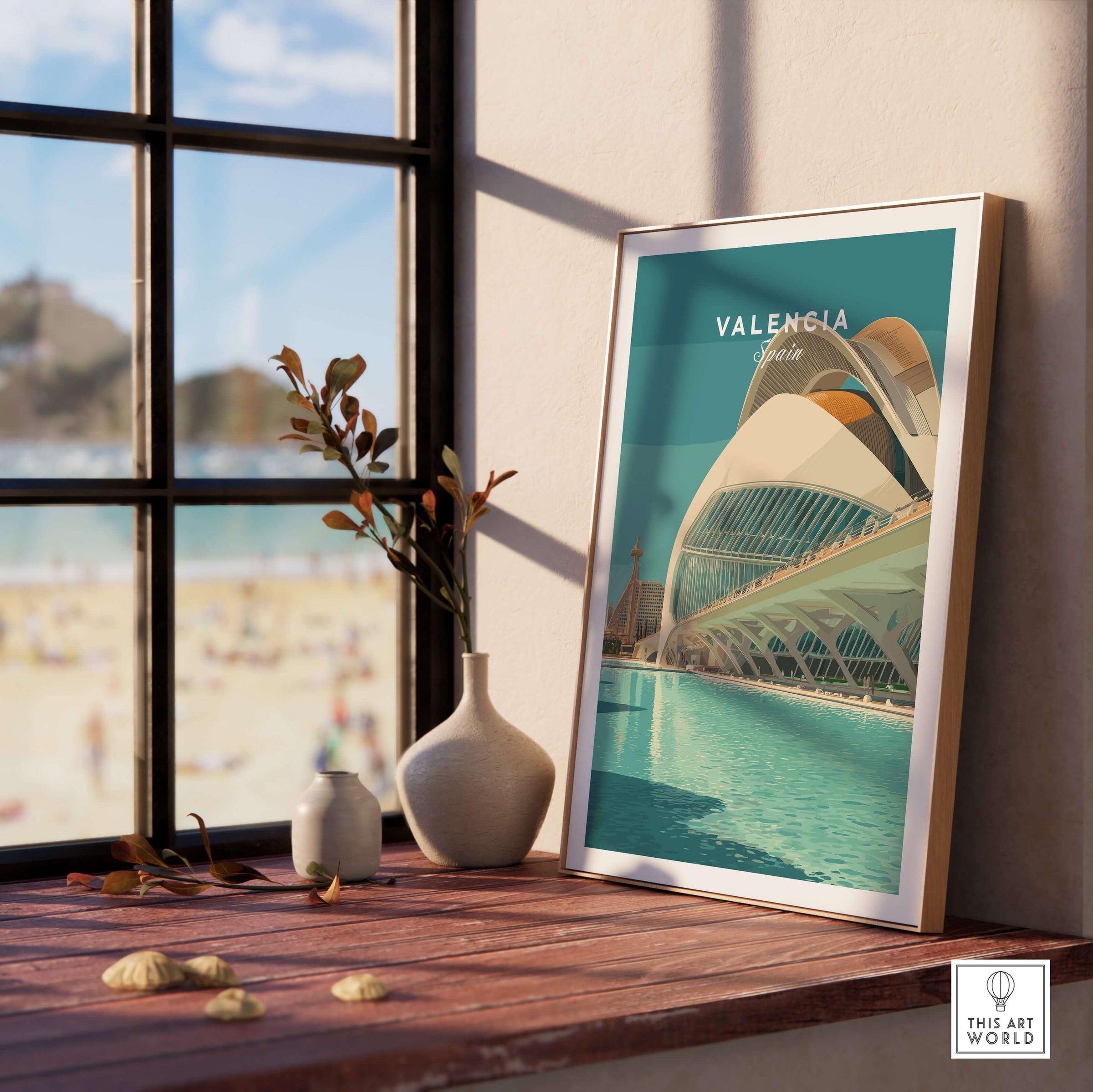 Valencia Travel Print Spain displayed on a wooden table with a scenic view, enhancing home decor.