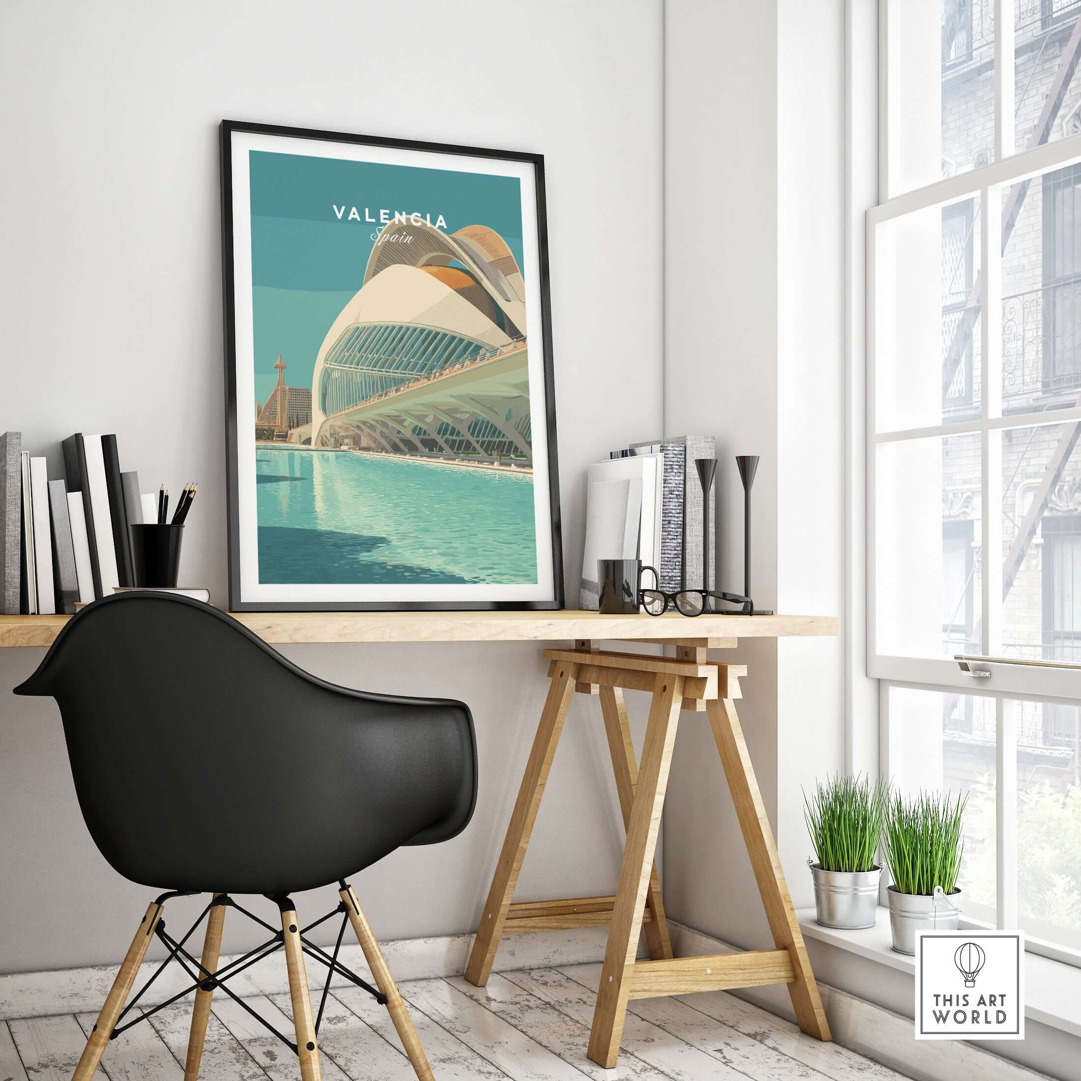 Valencia Travel Print Spain showcasing the vibrant architecture of Valencia in a stylish home decor setting.