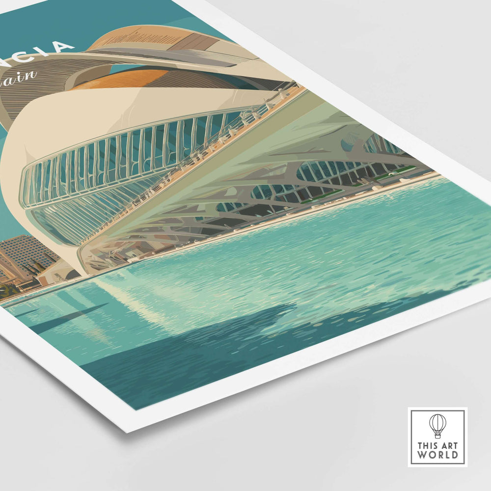 Valencia Travel Print showcasing modern architecture and scenic water views of Valencia, Spain, perfect for home decor.