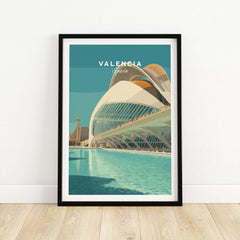 Valencia Travel Print Spain showcasing the iconic architecture of Valencia with a serene blue water backdrop.