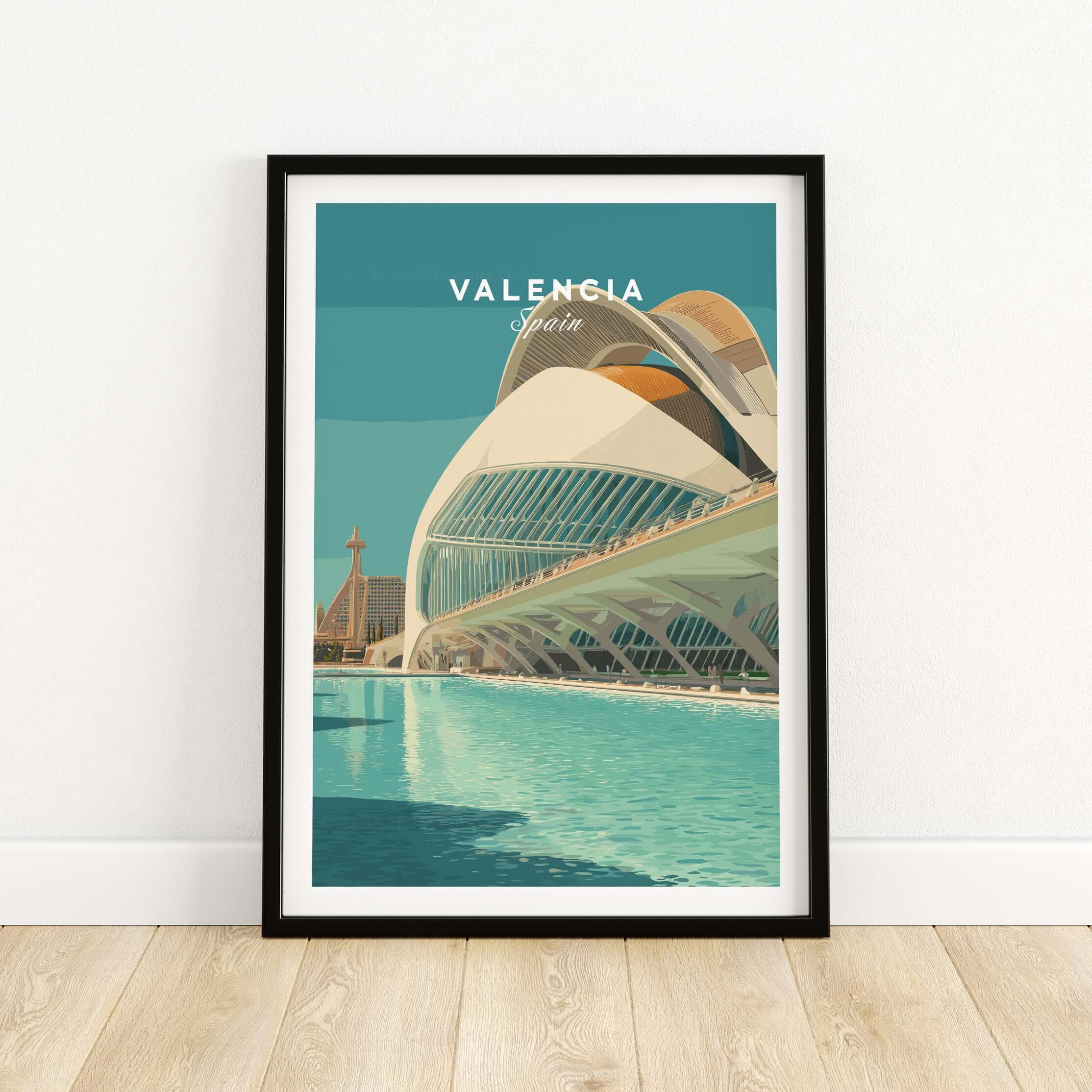 Valencia Travel Print Spain showcasing the iconic architecture of Valencia with a serene blue water backdrop.