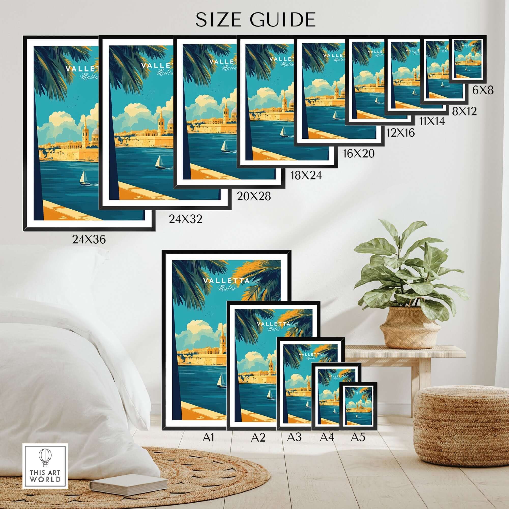 Valletta Art Print size guide showcasing various frame sizes and vibrant artwork of Valletta, Malta.