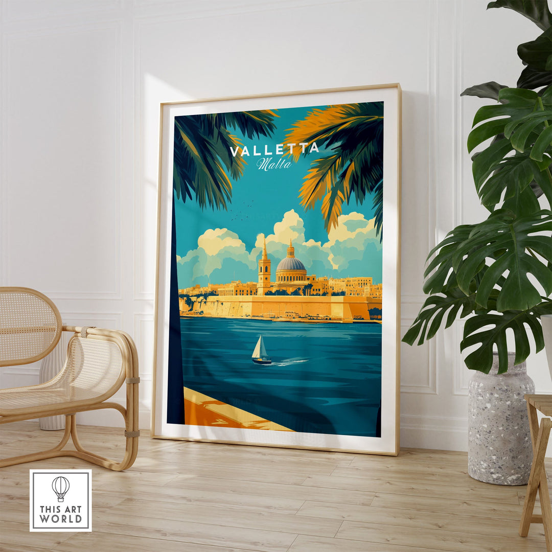 Valletta art print showcasing vibrant Malta cityscape with sailboat, perfect for home decor and travel inspiration.