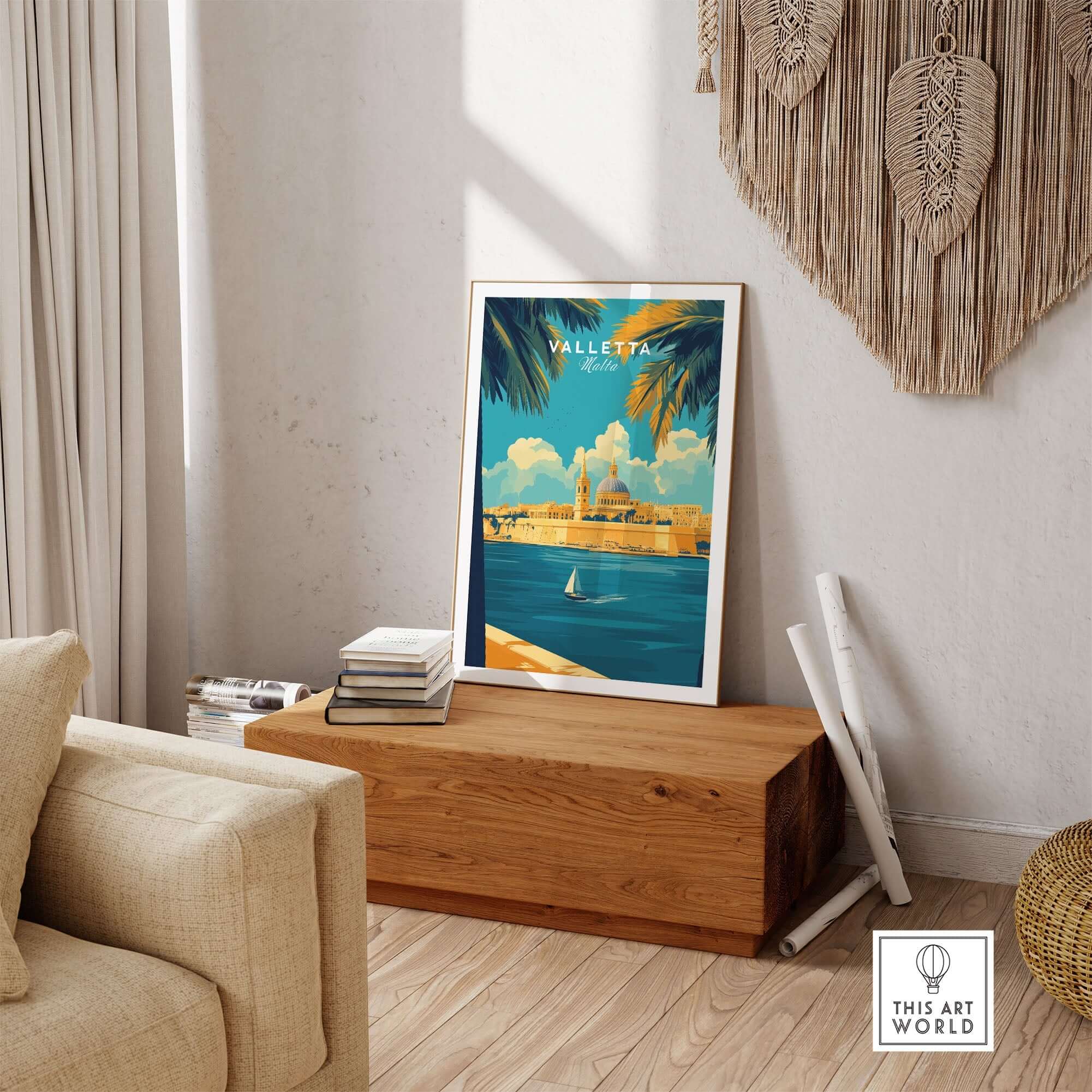 Valletta Art Print displayed in a stylish home interior, showcasing the vibrant beauty of Malta.