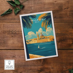 Valletta Art Print showcasing vibrant artwork of Valletta, Malta with palm leaves and a sailboat in the foreground.